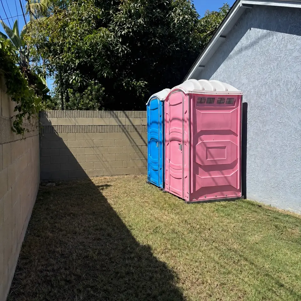 Blue and pink porta potties in a backyard