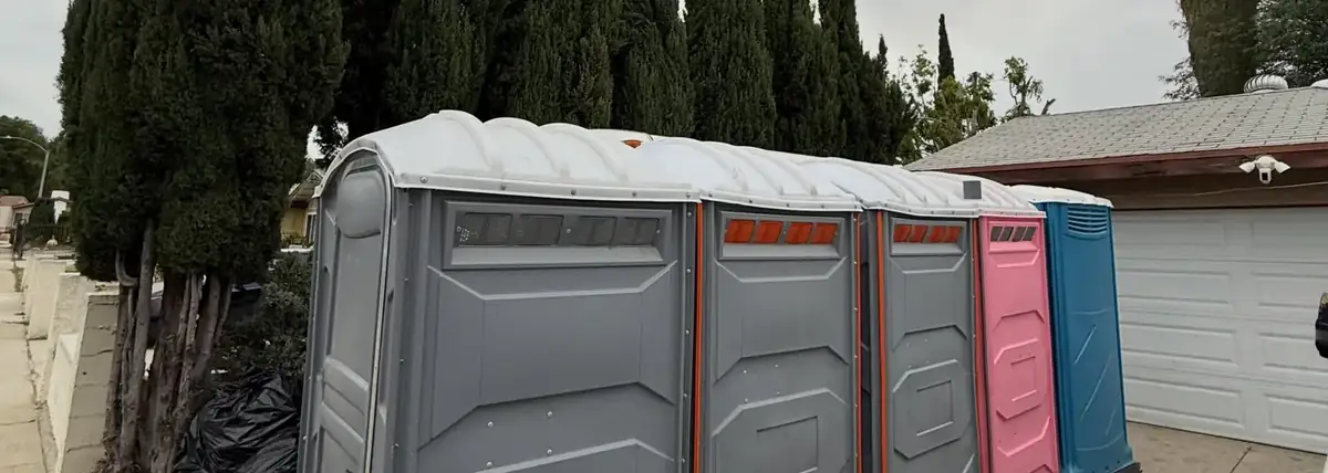 Row of grey, pink and blue portable restrooms on a driveway